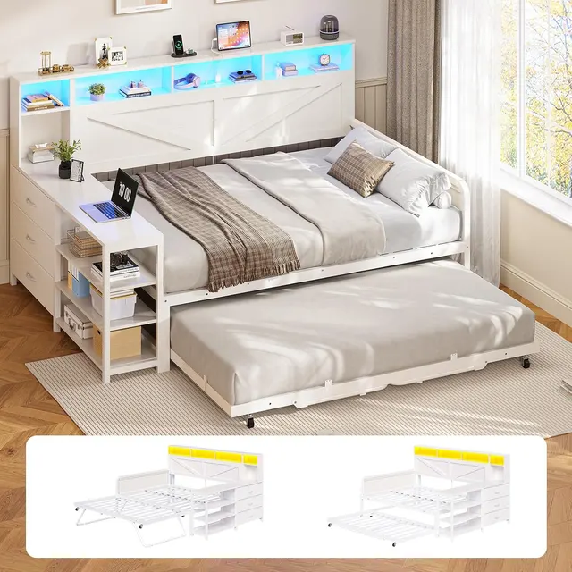 MSmask Farmhouse Daybed with Pop-Up Trundle, White, Full