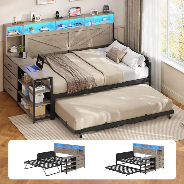MSmask Farmhouse Daybed with Pop-Up Trundle, Grey, Full