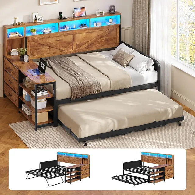 MSmask Farmhouse Daybed with Pop-Up Trundle, Rustic Brown, Full