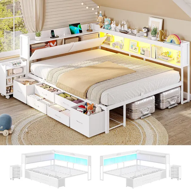 MSmask Corner Bed with Pull-Out Cabinet, White, Full