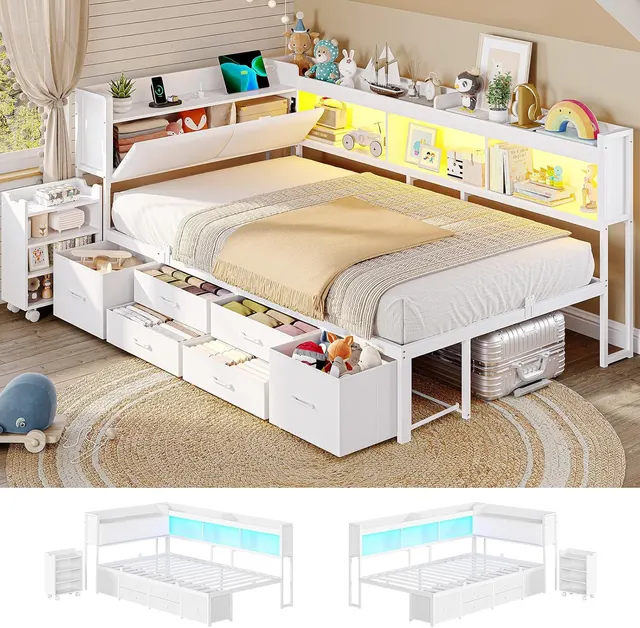 MSmask Corner Bed with Pull-Out Cabinet, White, Twin