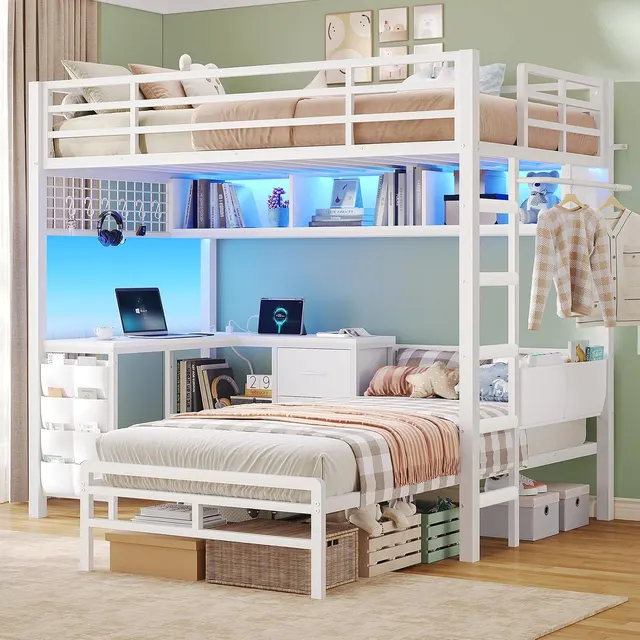 MSmask L-Desk Gaming Bunk Bed with Bookshelf, White, Twin Over Twin