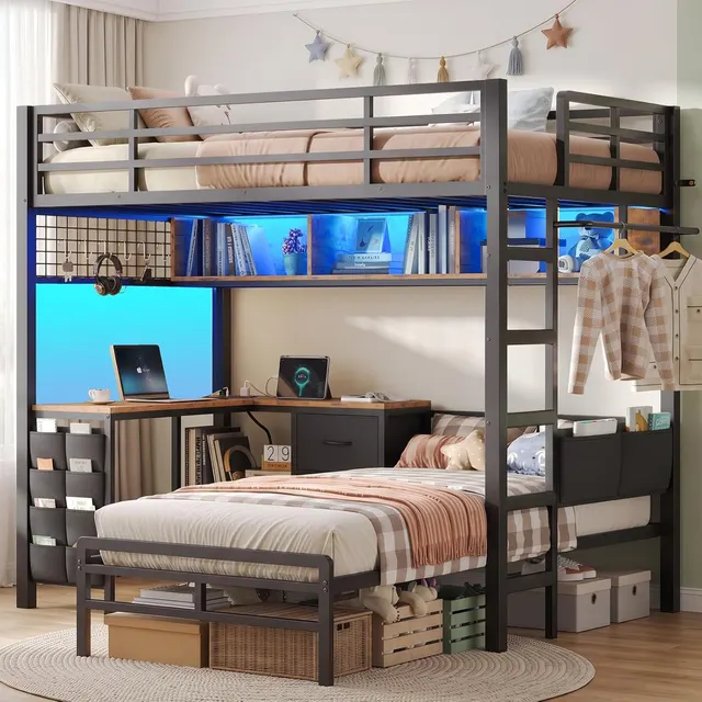 MSmask L-Desk Gaming Bunk Bed with Bookshelf, Black, Twin Over Twin