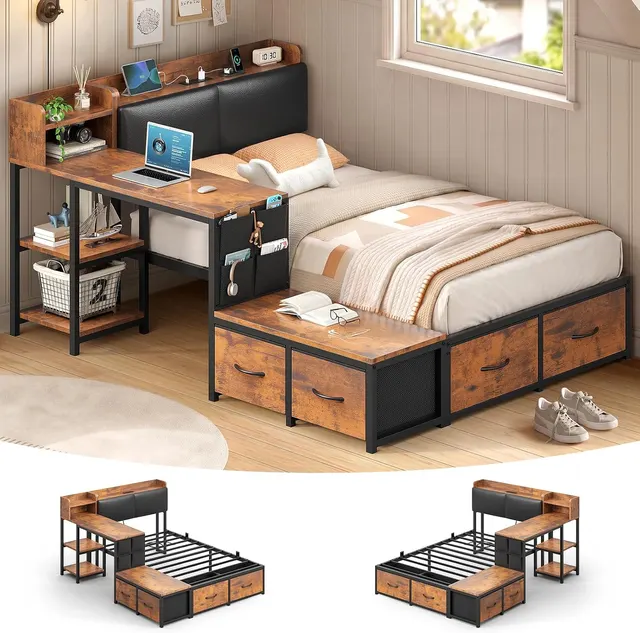 MSmask Corner Bed with Built-In Desk, Black & Vintage Brown, Twin
