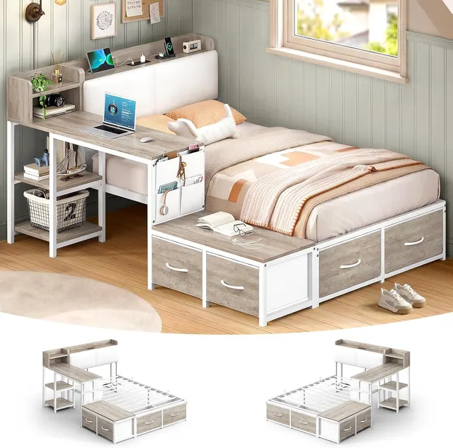 MSmask Corner Bed with Built-In Desk, White & Oak Grey, Twin