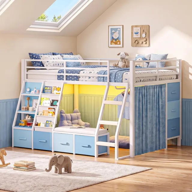 MSmask Low Loft Bed with Reading Nook, White & Blue, Full