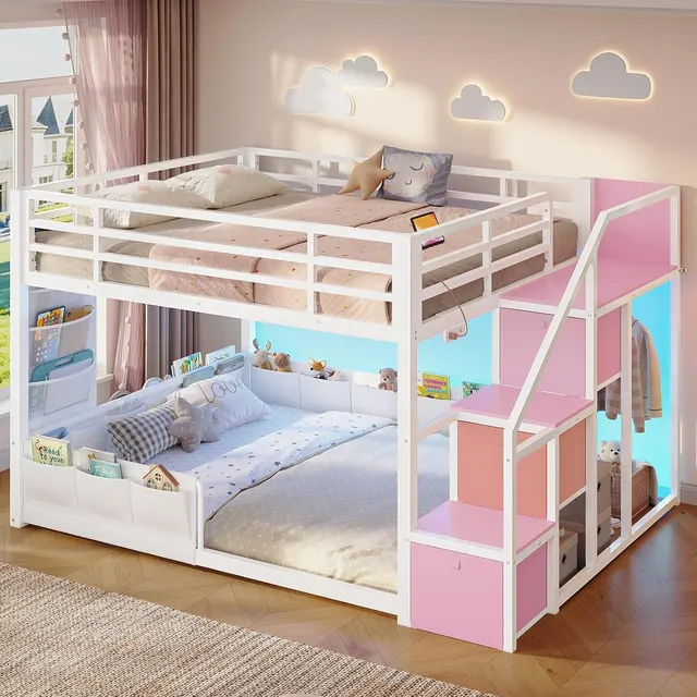 MSmask Low Bunk Bed with Storage Stairs, White & Pink, Full Over Full