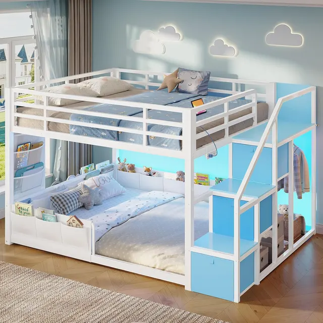 MSmask Low Bunk Bed with Storage Stairs, White & Blue, Full Over Full