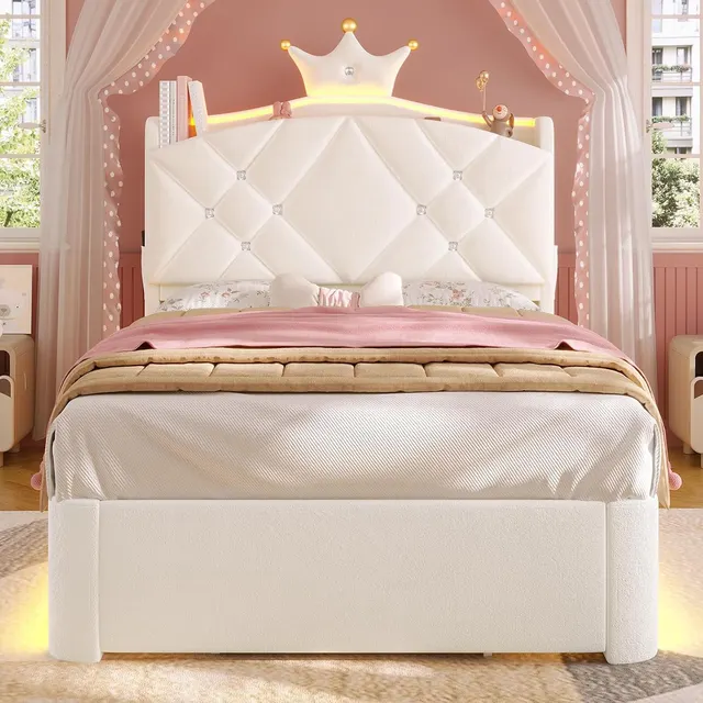 MSmask Princess Crown Bed with Storage Drawers, Cream, Twin
