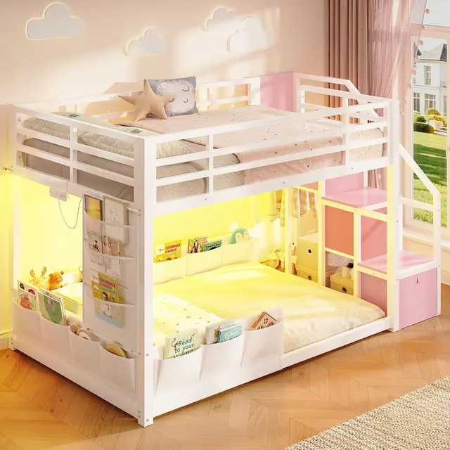 MSmask Low Bunk Bed with Storage Stairs, White & Pink, Twin Over Twin