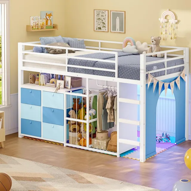 MSmask Low Loft Bed with Play Curtain & Toy Storage, Blue, Twin