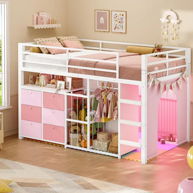 MSmask Low Loft Bed with Play Curtain & Toy Storage, Pink, Twin