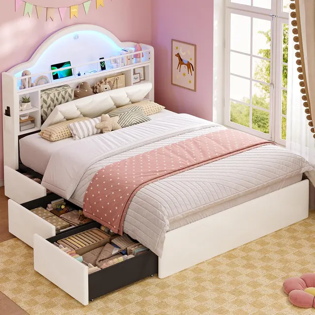 MSmask Arched Tufted Bed with 3 Drawers, Beige, Full