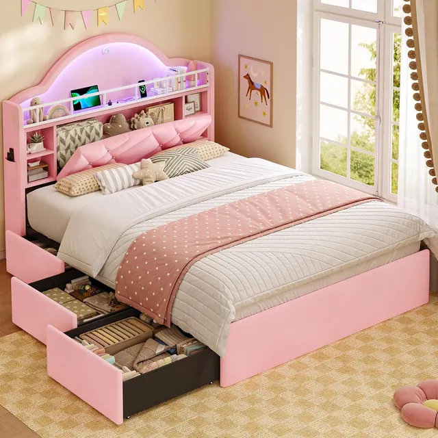 MSmask Arched Tufted Bed with 3 Drawers, Pink, Full