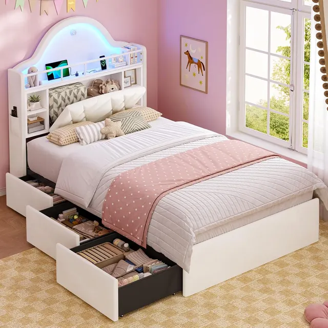 MSmask Arched Tufted Bed with 3 Drawers, Beige, Twin