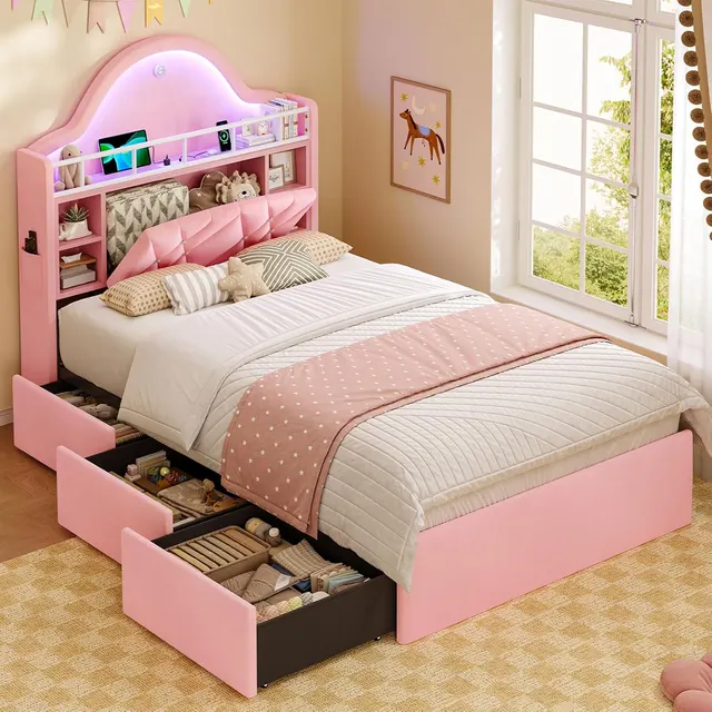 MSmask Arched Tufted Bed with 3 Drawers, Pink, Twin