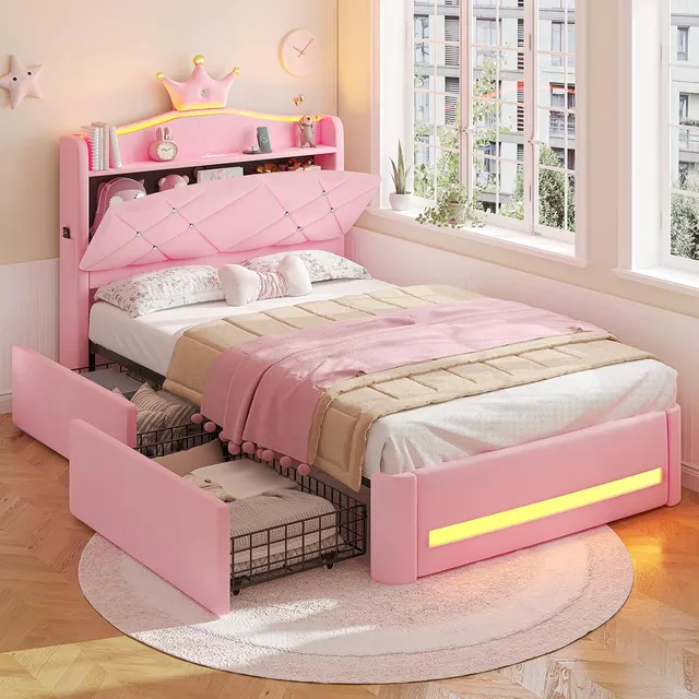 MSmask Princess Crown Bed with Storage Drawers, Pink, Twin (2 drawers)