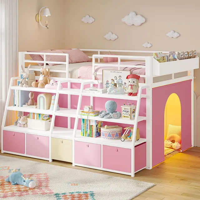 MSmask Low Loft Bed with Stairway Shelves, White, Twin
