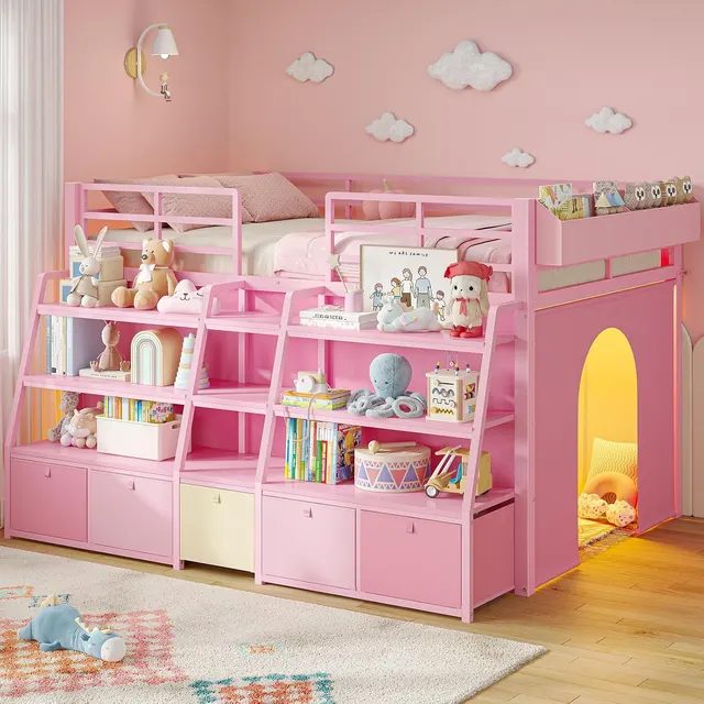 MSmask Low Loft Bed with Stairway Shelves, Pink, Twin
