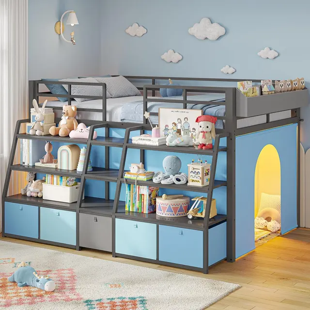 MSmask Low Loft Bed with Stairway Shelves, Grey, Twin