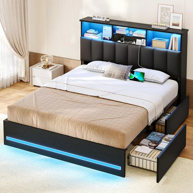 MSmask Faux-Leather Storage-Headboard Bed, Black, Full