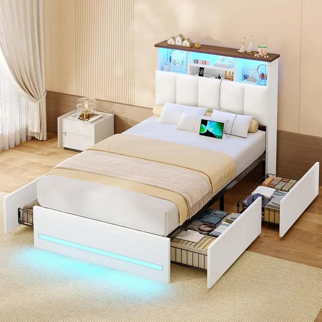 MSmask Faux-Leather Storage-Headboard Bed, White, Twin