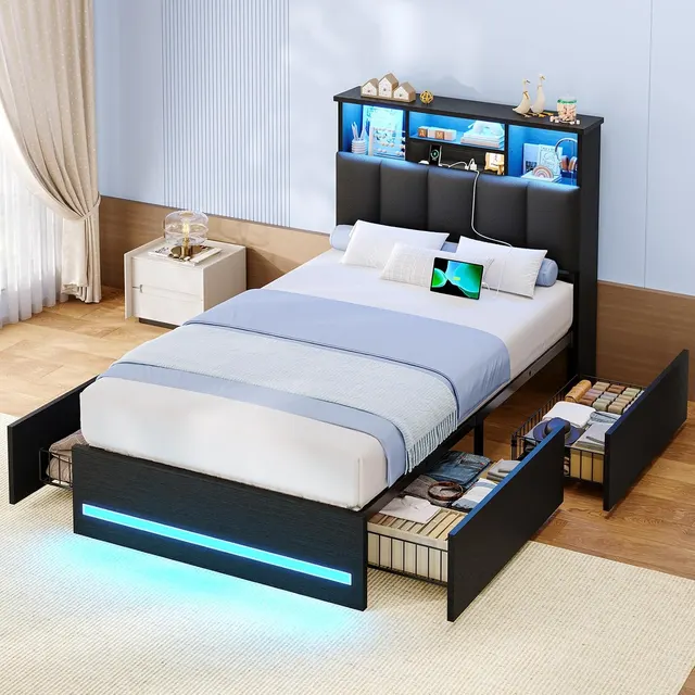 MSmask Faux-Leather Storage-Headboard Bed, Black, Twin