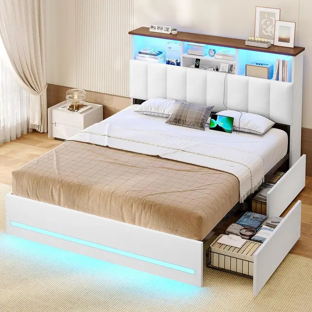 MSmask Faux-Leather Storage-Headboard Bed, White, Queen