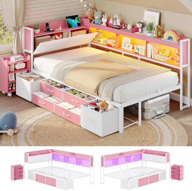 MSmask Corner Bed with Pull-Out Cabinet, Pink, Twin