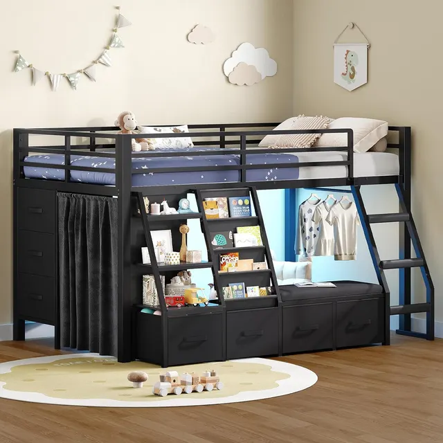 MSmask Low Loft Bed with Reading Nook, Black, Twin