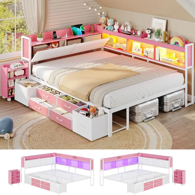 MSmask Corner Bed with Pull-Out Cabinet, Pink, Full
