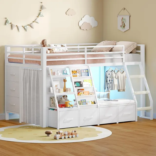 MSmask Low Loft Bed with Reading Nook, White, Twin