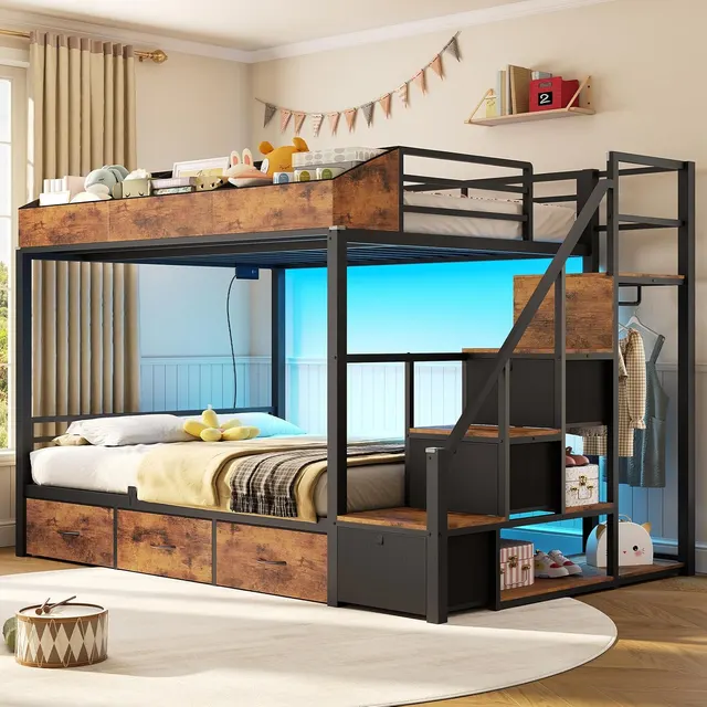 MSmask Twin-over-Full Bunk Bed with Stairs, Black & Brown, Twin Over Full