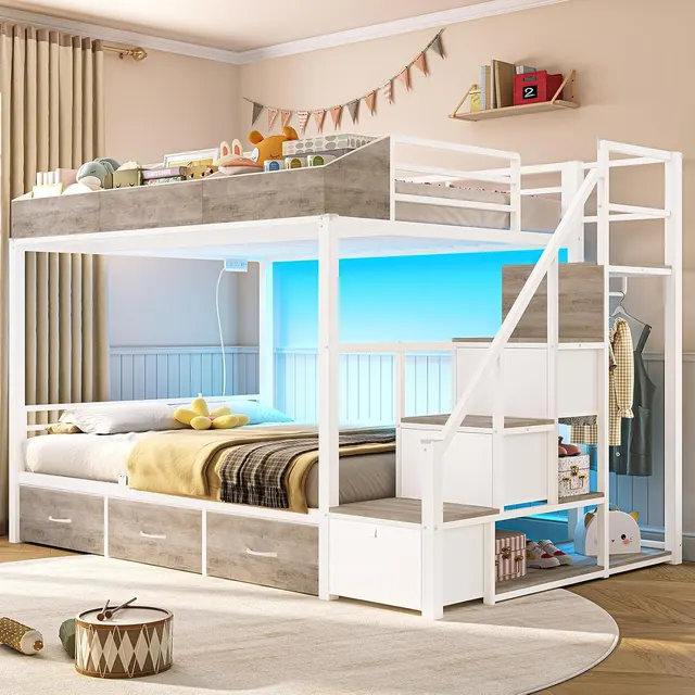 MSmask Twin-over-Full Bunk Bed with Stairs, Grey & White, Twin Over Full