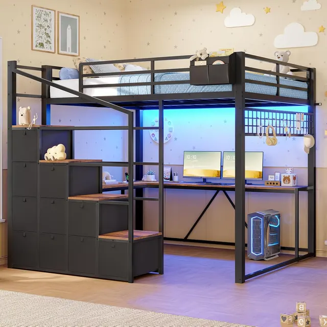 MSmask Full Loft Bed with Stairs & 10 Drawers, Black, Full