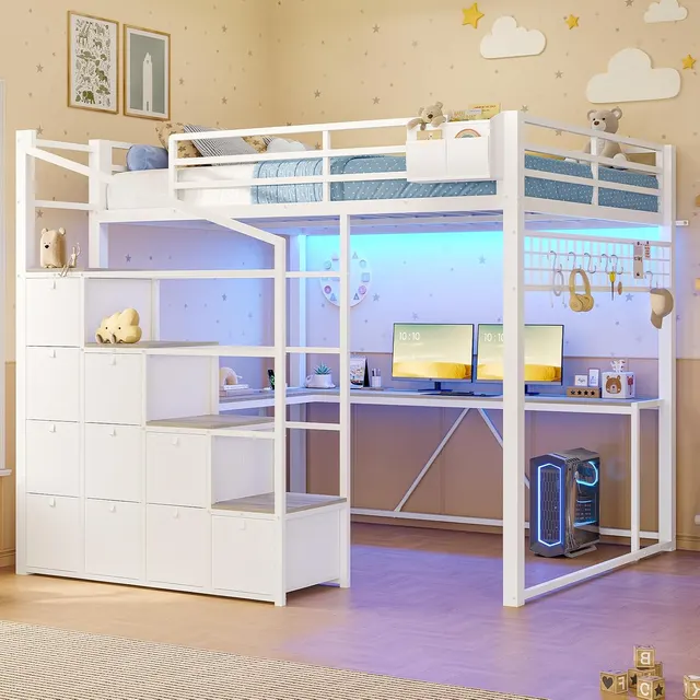 MSmask Full Loft Bed with Stairs & 10 Drawers, White, Full