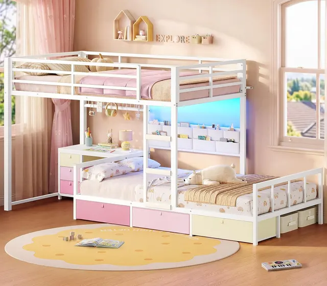 MSmask Low Bunk Bed with Desk & Grid Organizer, White, Twin Over Twin