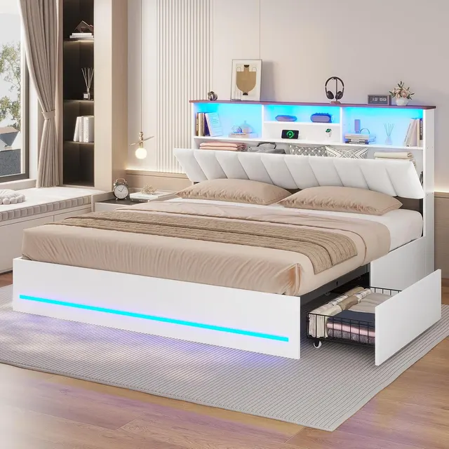 MSmask Faux-Leather Storage-Headboard Bed, White, King
