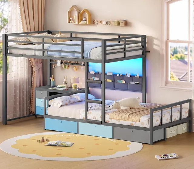 MSmask Low Bunk Bed with Desk & Grid Organizer, Grey, Twin Over Twin