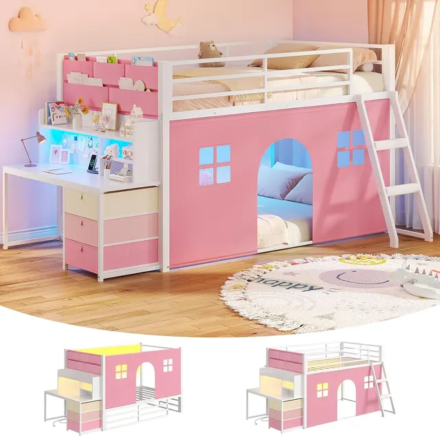 MSmask Convertible Low Bunk Bed with Desk, White, Twin