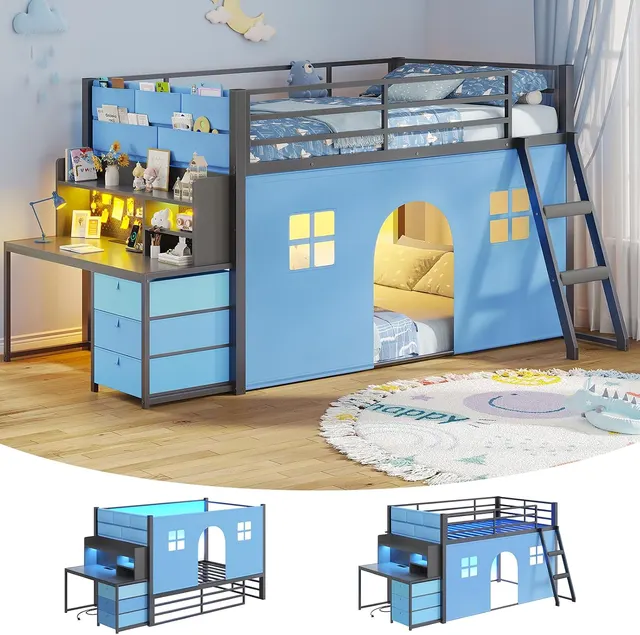 MSmask Convertible Low Bunk Bed with Desk, Grey, Twin