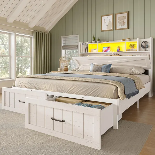 MSmask Farmhouse X-Headboard Bed with 2 Drawers, Antique White, Queen