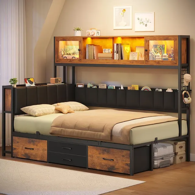 MSmask Corner Bed with Display Cabinet, Black, Twin