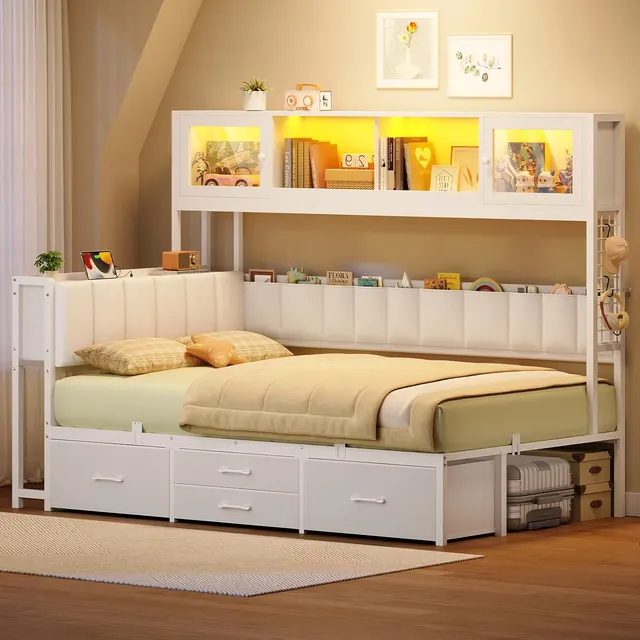 MSmask Corner Bed with Display Cabinet, White, Twin