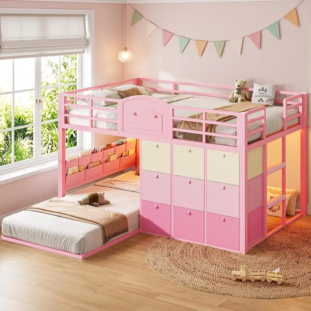 MSmask Floor Bunk Bed with 9 Drawers, Pink, Twin