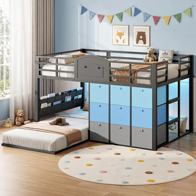 MSmask Floor Bunk Bed with 9 Drawers, Grey, Twin