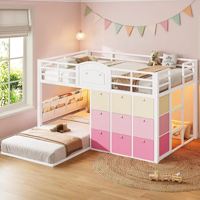 MSmask Floor Bunk Bed with 9 Drawers, White, Twin