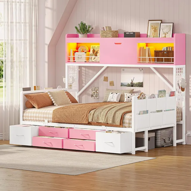 MSmask High-Bookcase Corner Daybed, Pink, Full