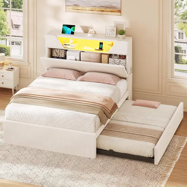 MSmask Velvet Trundle Bed, Beige, Twin