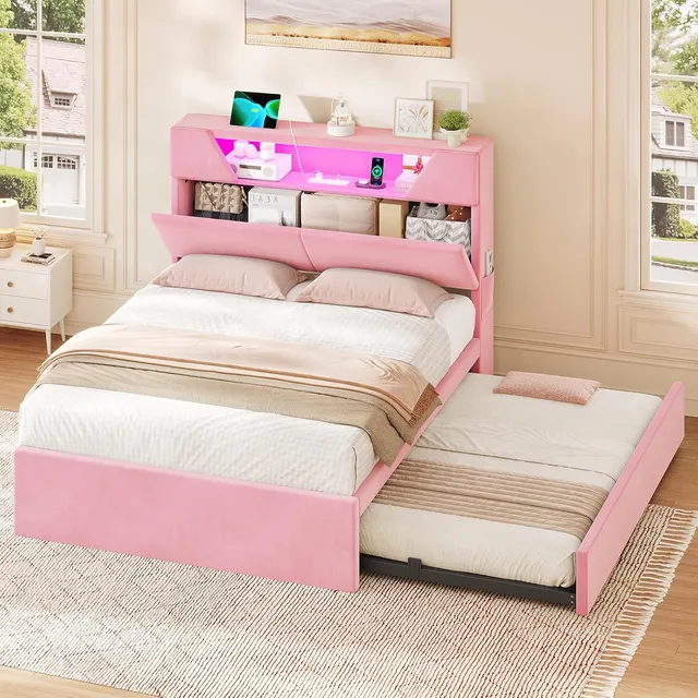 MSmask Velvet Trundle Bed, Pink, Twin